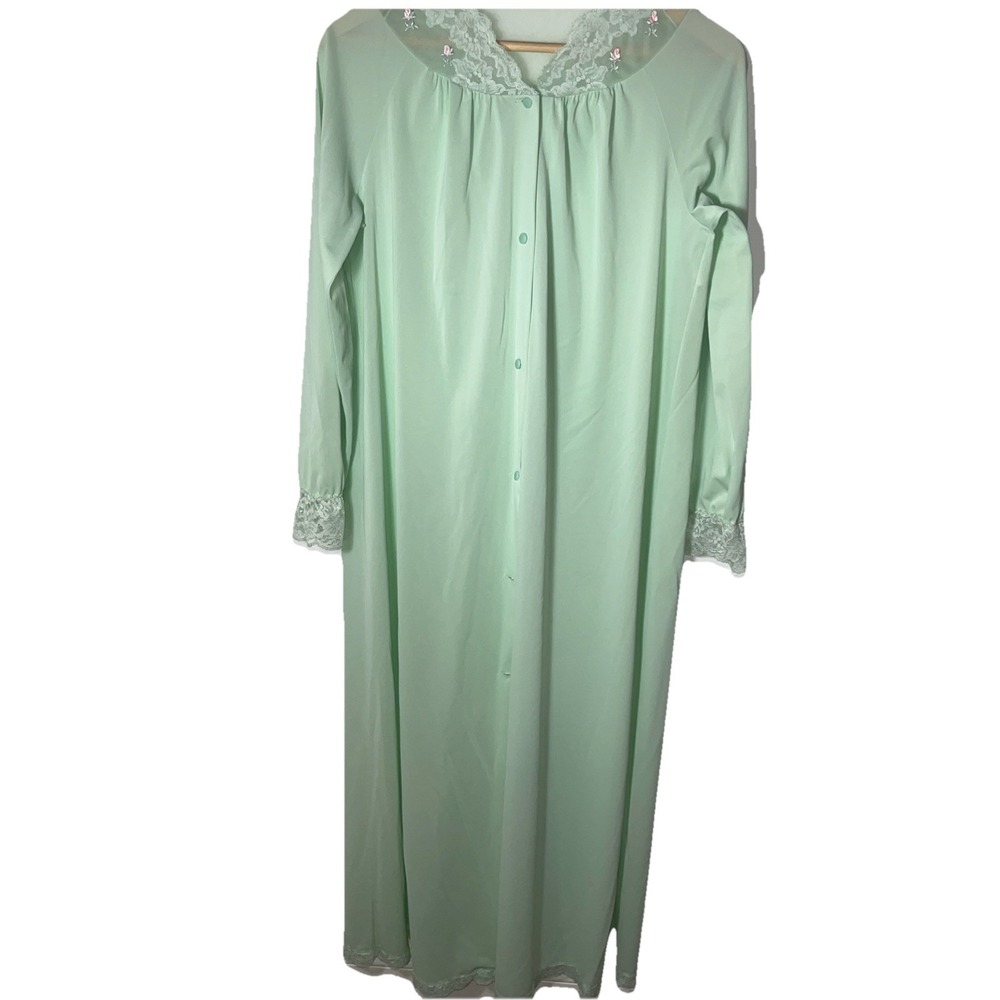 Vintage Mint Green Long Sleeve Nightgown Lace Floral Embroidered Maxi Robe PS